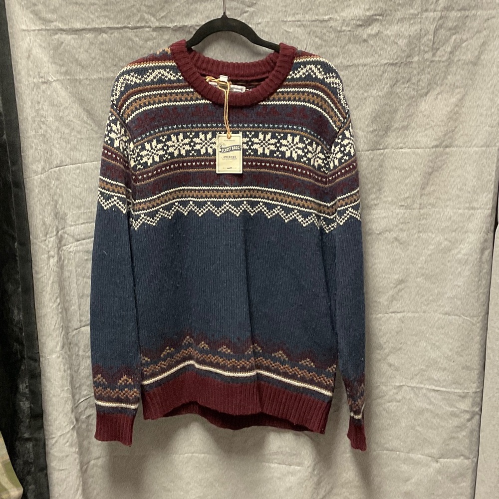 Schott Bros Men's Blue and Red Patterned Sweater
